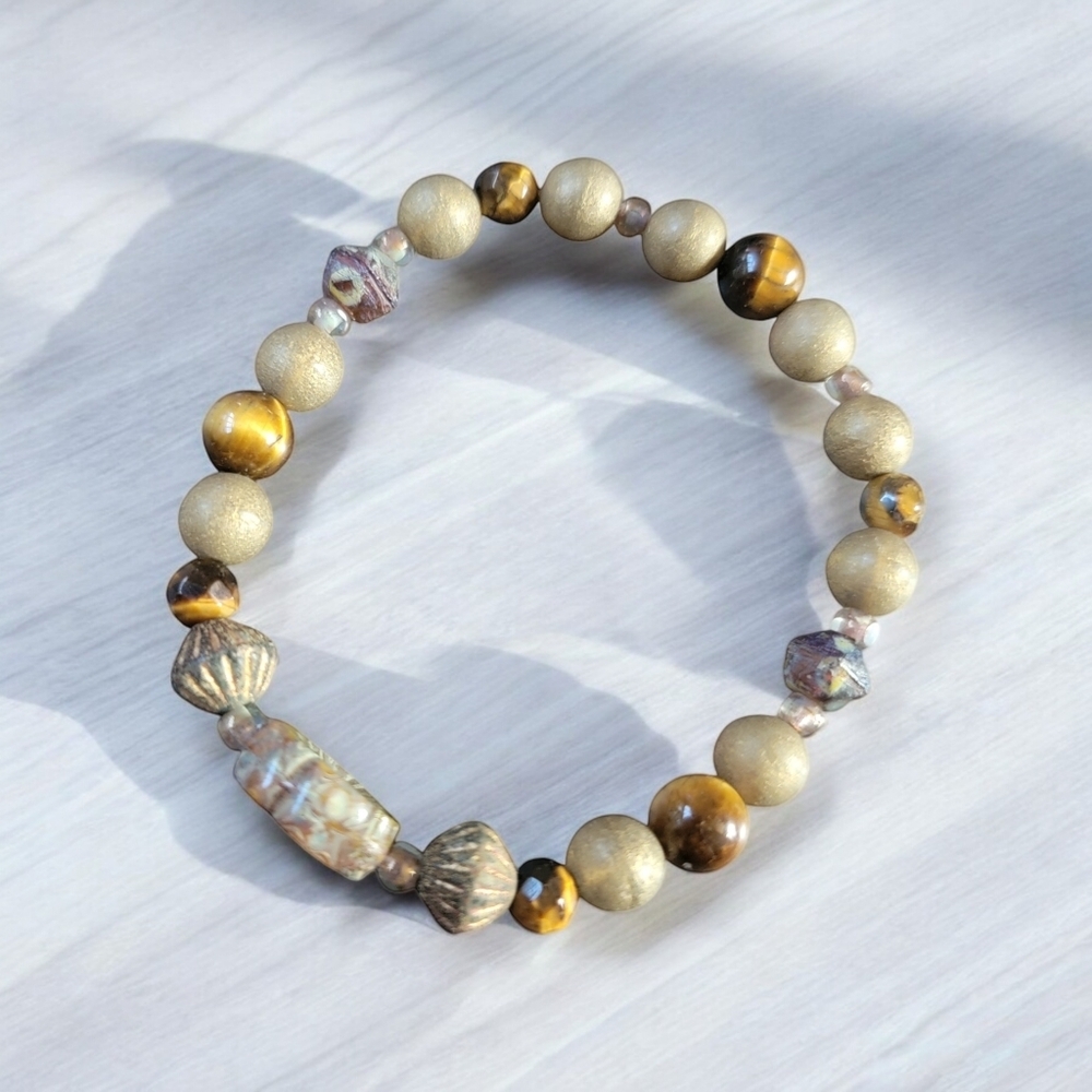 Boho Tigers Eye Matte Gold Beaded Stretch Bracelet
